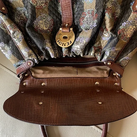 FENDI EUC TOBACCO PEQUIN STRIPES FABRIC AND LEATHER MAGIC SHOULDER BAG RARE FIND - Picture 15 of 17